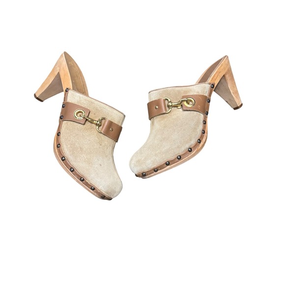 Coach Shoes - Coach Felicia‎ Suede Wood Mule Clogs Made in Italy Gold Tan Size 10